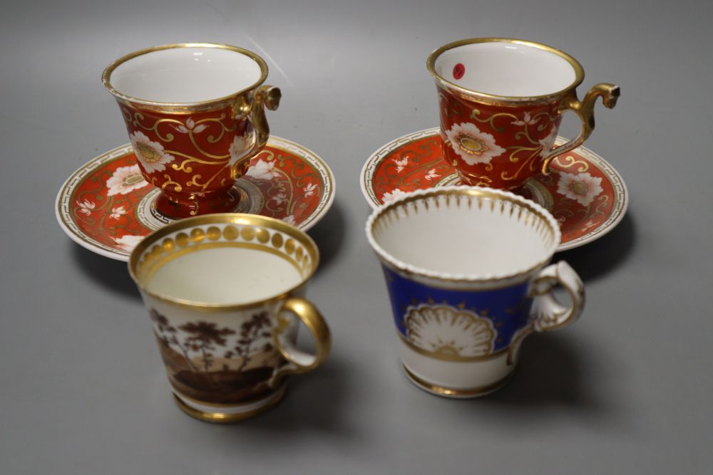 A pair of Chamberlain rare shaped cups and saucer, the handle with animal heads and two Chamberlain coffee cups, one with landscape and